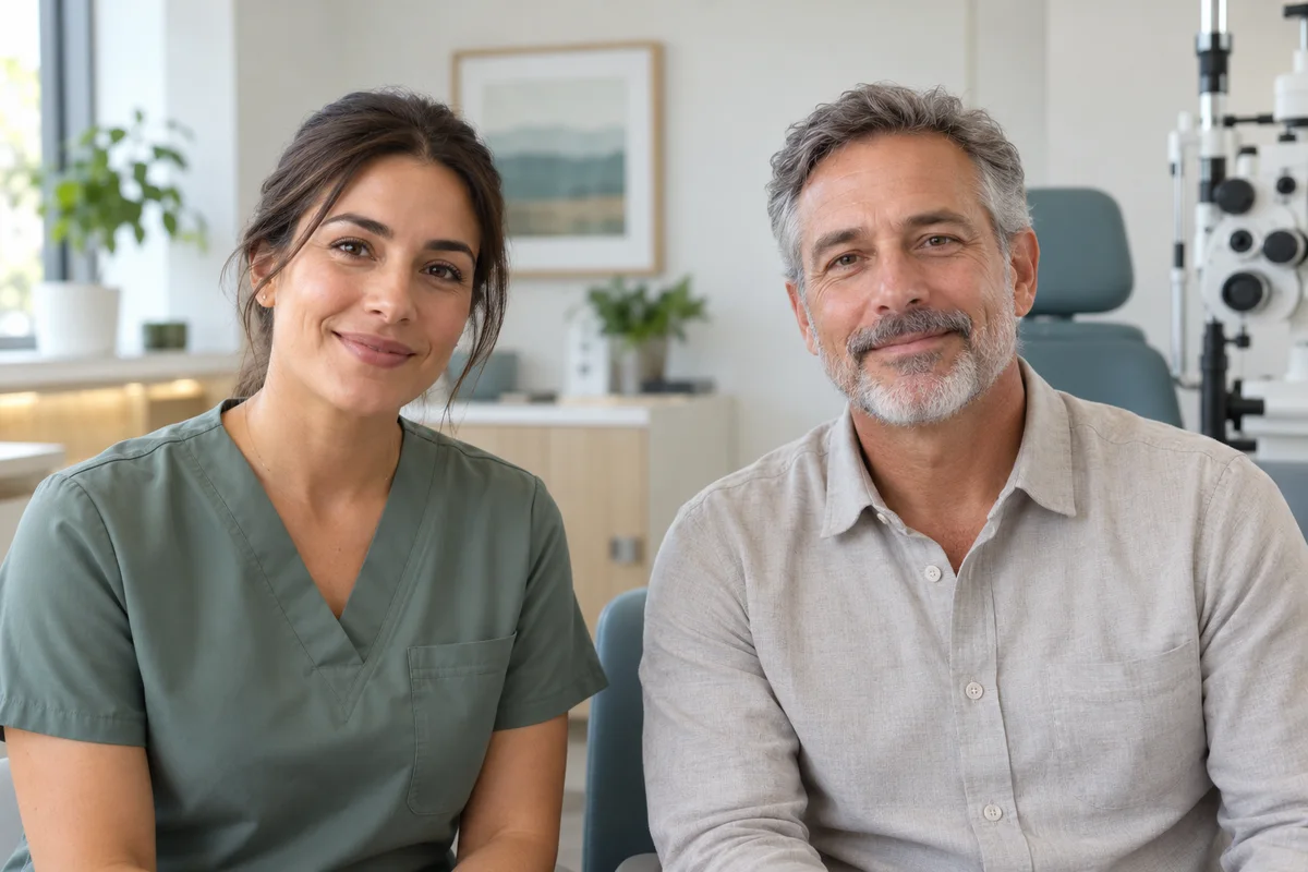 Illustration : une technicienne et un patient assis ensemble dans une clinique d’optométrie.